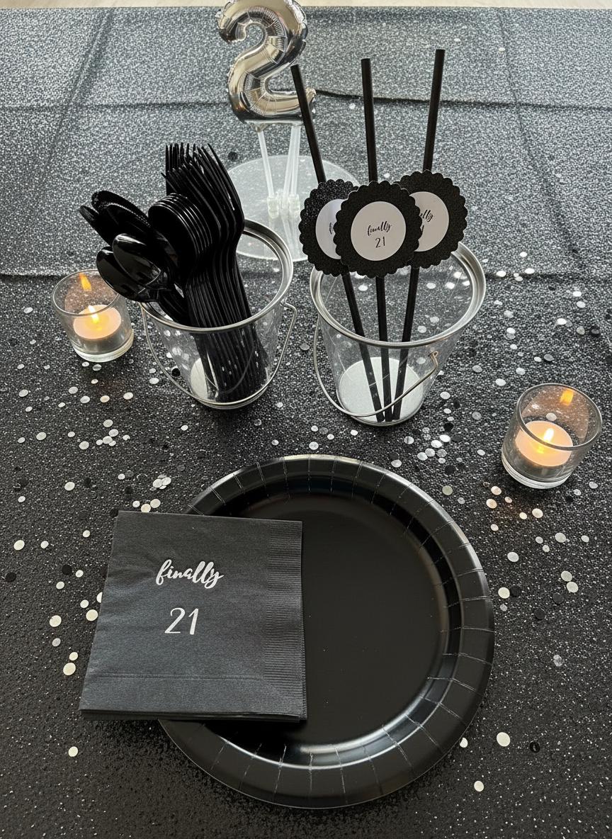 Finally 21 Napkins, Set of 12 – Rose Gold, Gold, Silver Metallic Lettering, White or Black Napkin