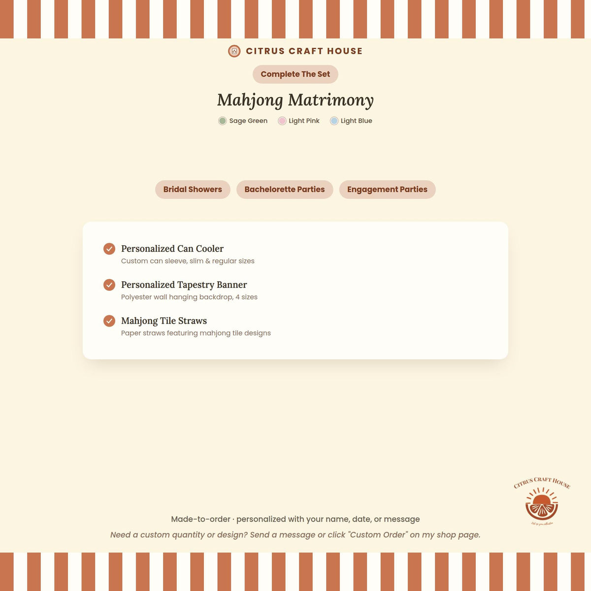 Personalized Mahjong and Matrimony Can Cooler Custom Can Sleeve in Sage Green, Light Pink or Light Blue