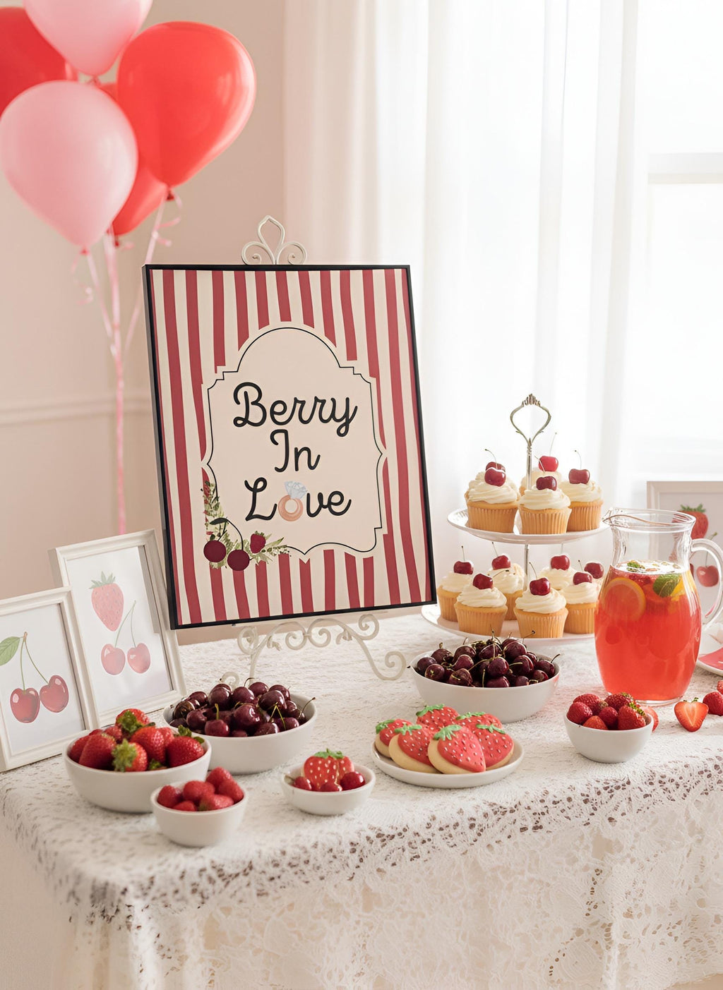 Berry In Love Bridal Shower Decor Kit | Cherry & Strawberry Bachelorette Party Set | Signs, Balloons, Favor Bags and More
