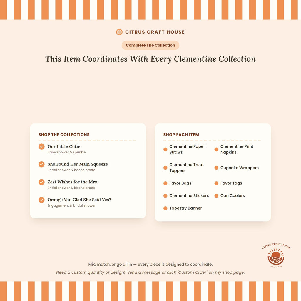 Clementine Cocktail Napkins, Set of 12 – White Paper Napkins with Orange Print for Baby Shower & Party