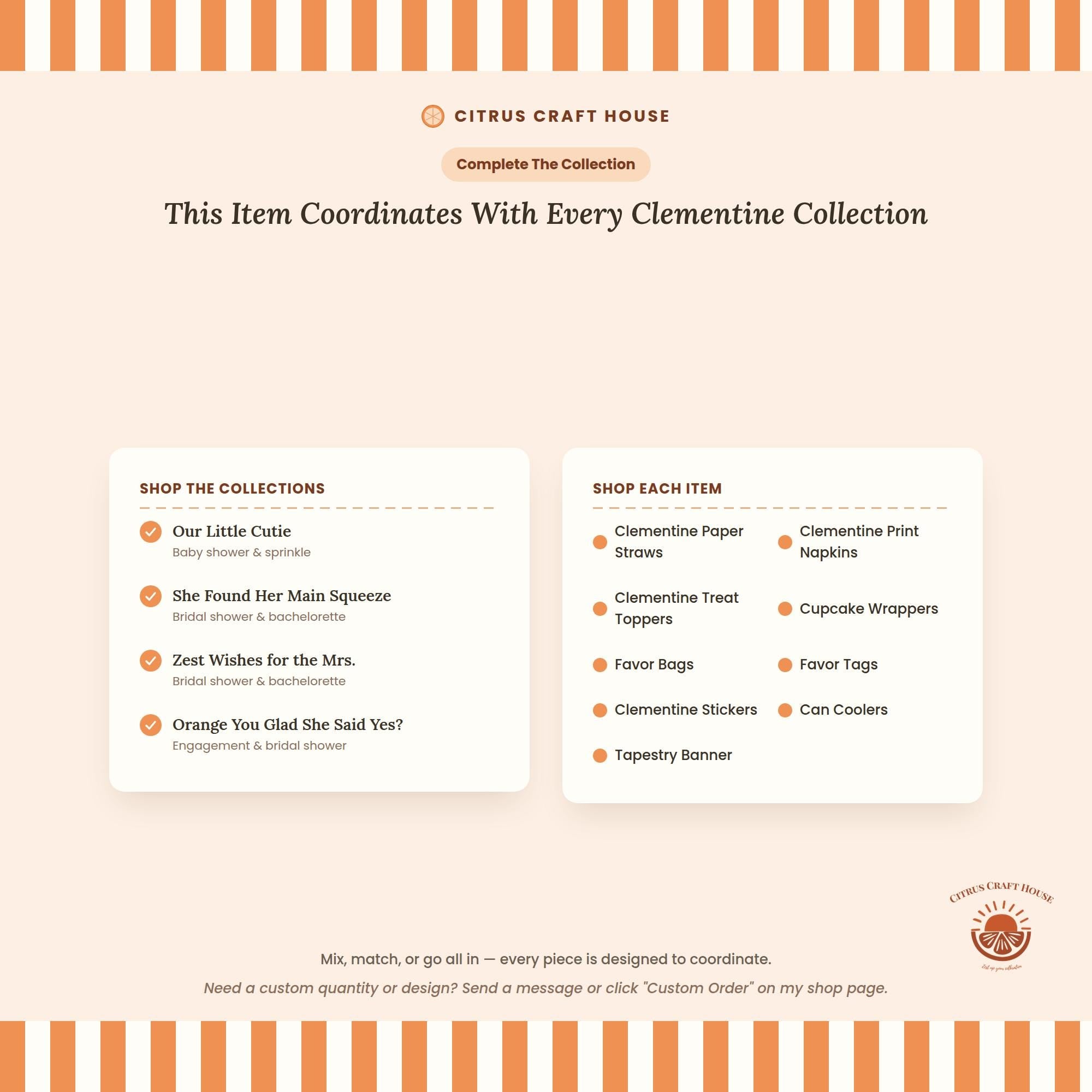 Clementine Cocktail Napkins, Set of 12 – White Paper Napkins with Orange Print for Baby Shower & Party