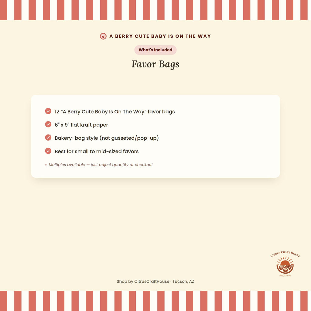 A Berry Cute Baby Is On The Way Favor Bags, Set of 12 – 6x9 Flat Kraft Paper Bags for Baby Shower Favors and Treats