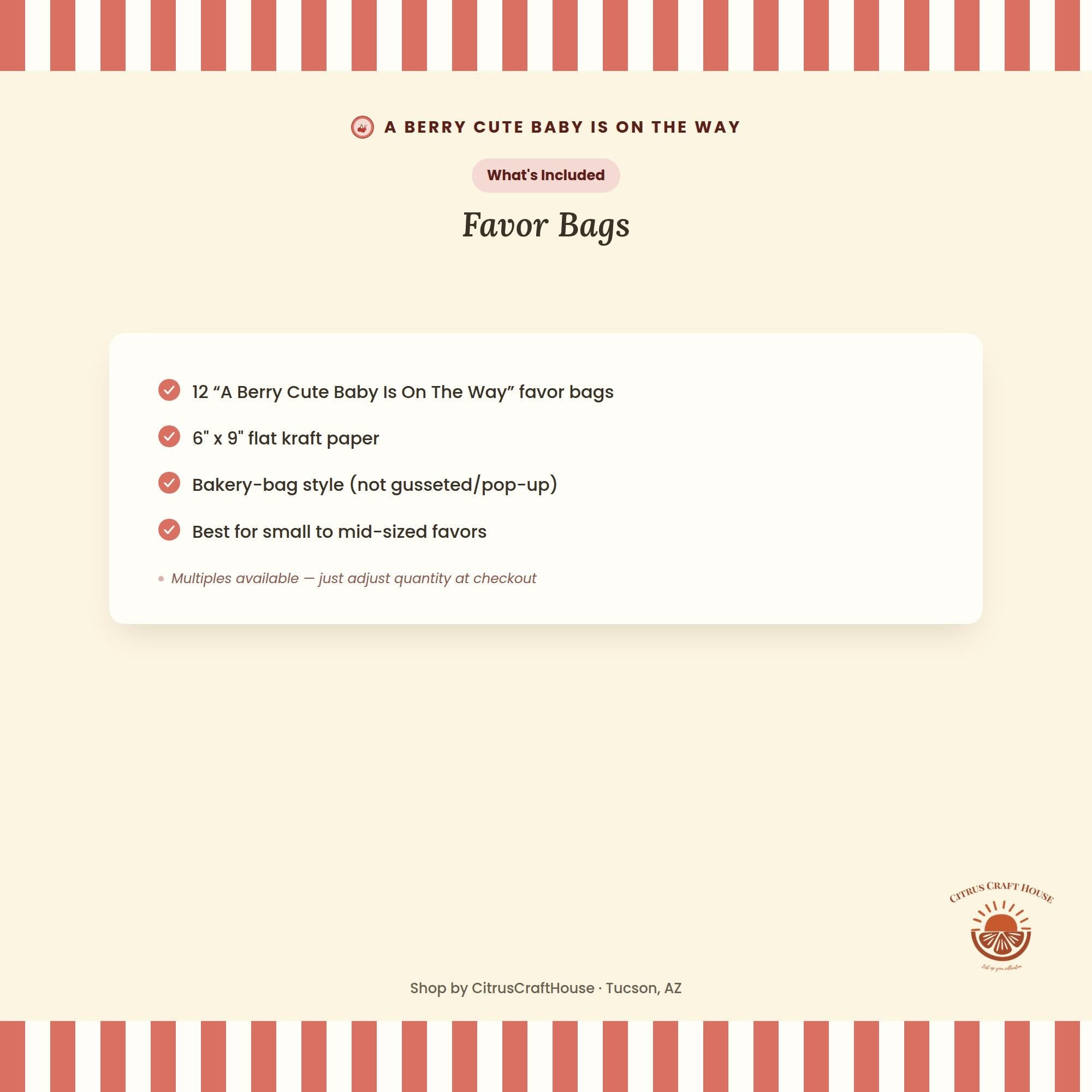 A Berry Cute Baby Is On The Way Favor Bags, Set of 12 – 6x9 Flat Kraft Paper Bags for Baby Shower Favors and Treats