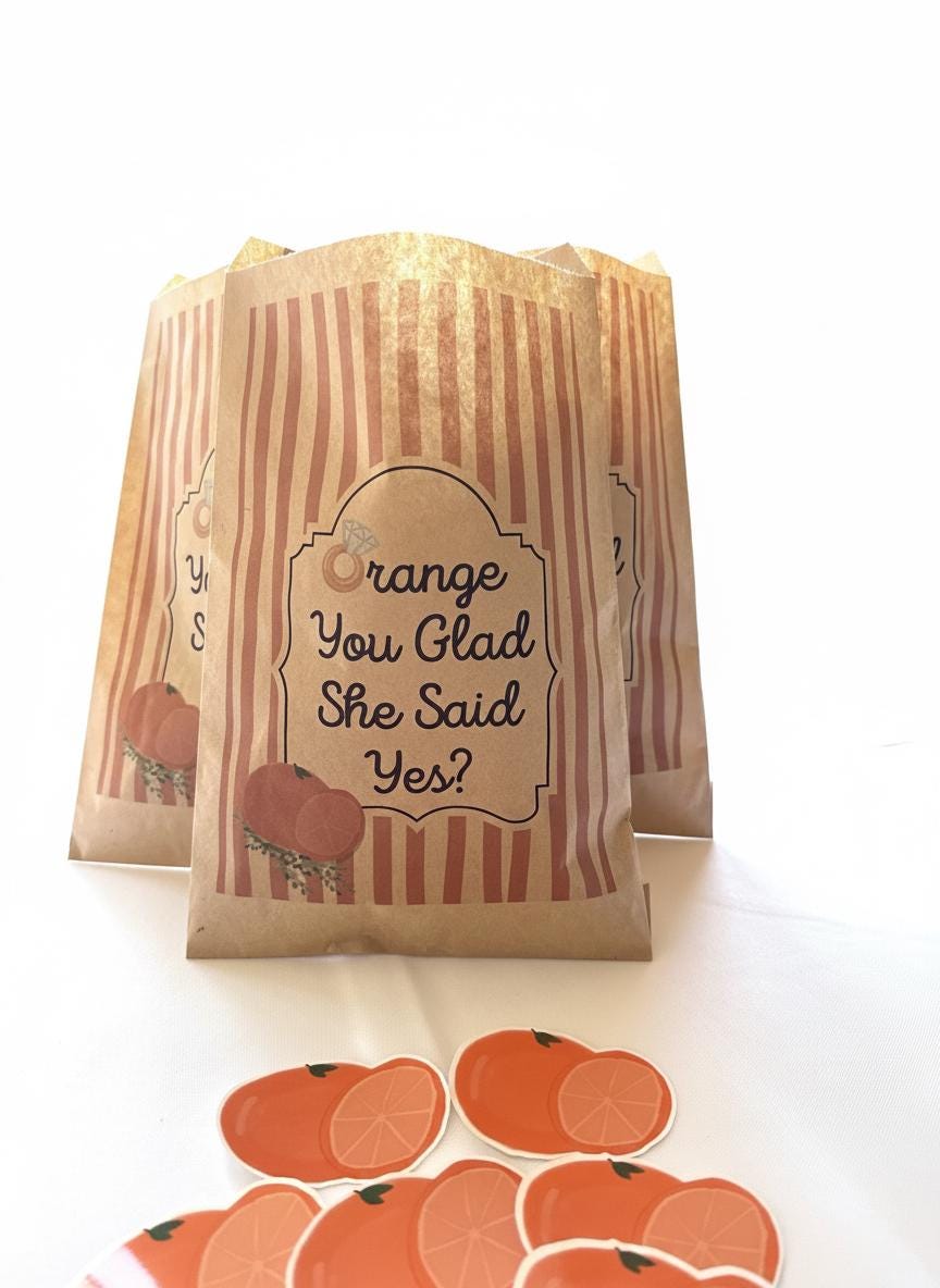 Orange You Glad She Said Yes?Favor Bags, Set of 12 – 6x9 Flat Kraft Paper Bags for Engagement & Bridal Shower Favors