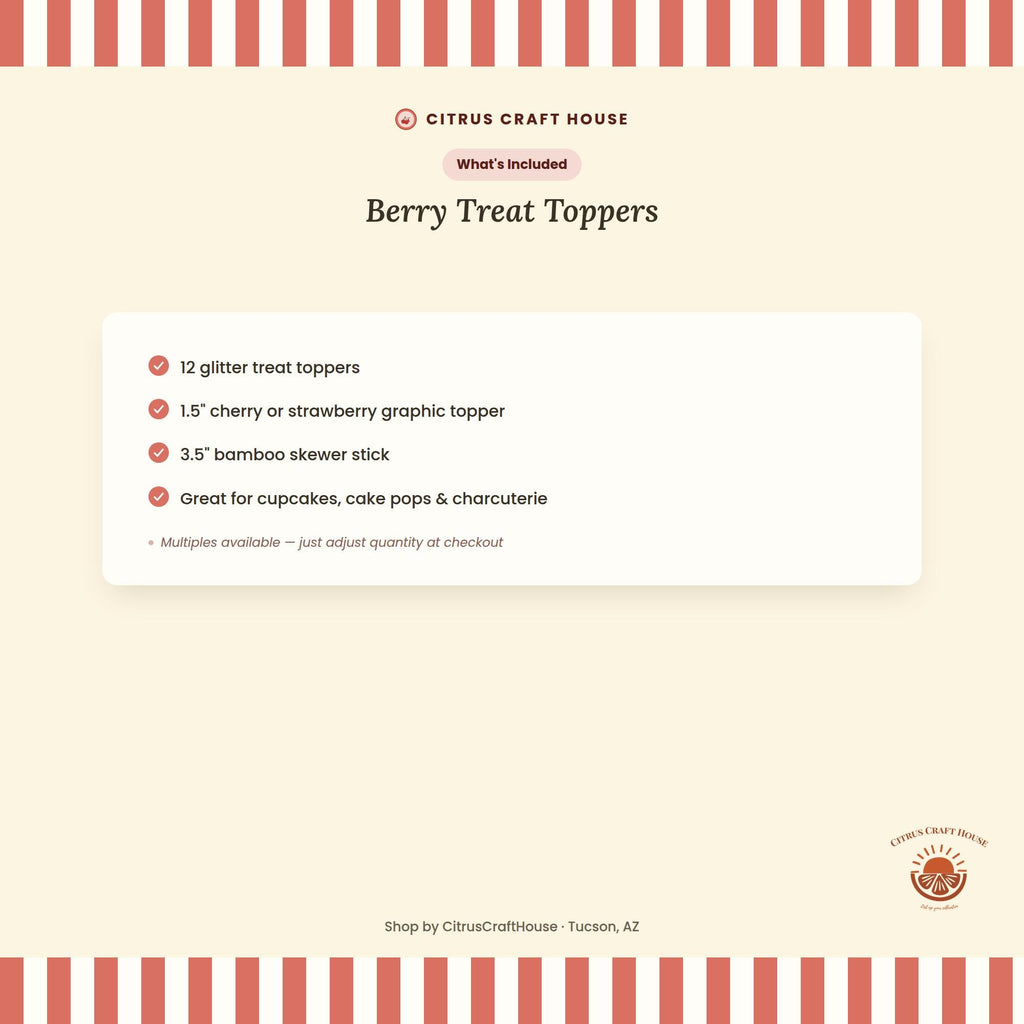 Berry Treat Toppers, Set of 12 – Glitter Cupcake Picks & Charcuterie Picks with Bamboo Skewers