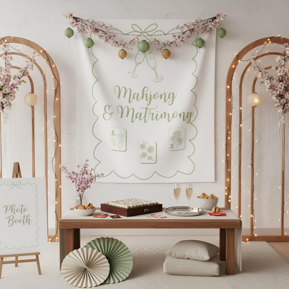 Personalized Mahjong and Matrimony Tapestry Banner Polyester Backdrop in Sage Green, Light Pink or Light Blue, 4 Sizes