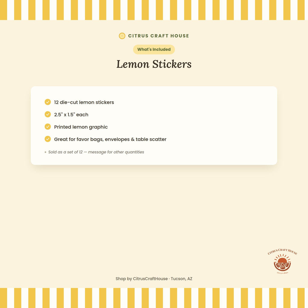 Lemon Stickers, Set of 12 – Die-Cut Lemon Print Stickers for Favor Bags, Party Favors & Table Scatter