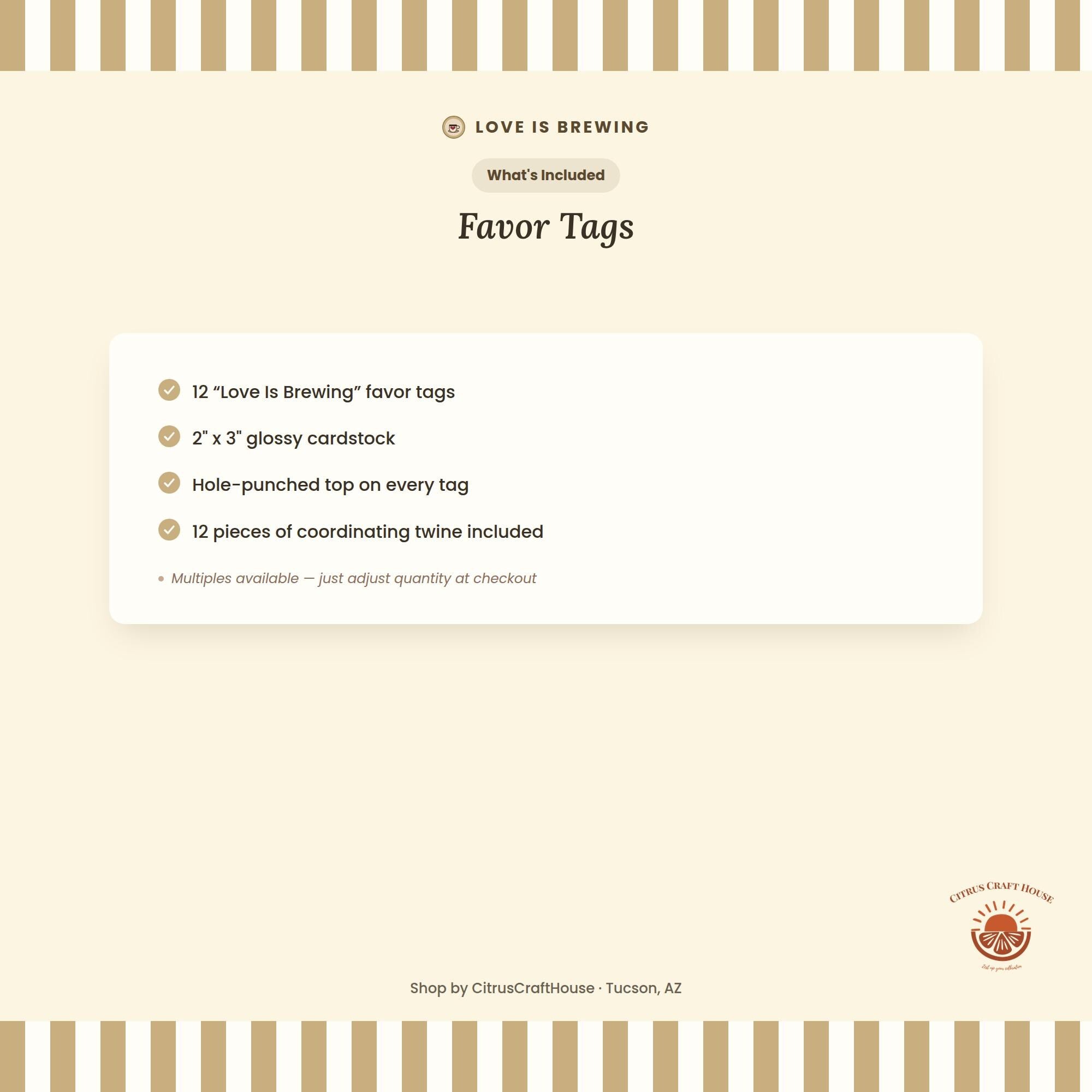 Love Is Brewing Favor Tags, Set of 12 – Glossy Cardstock Gift Tags with Twine for Bridal Shower & Bachelorette