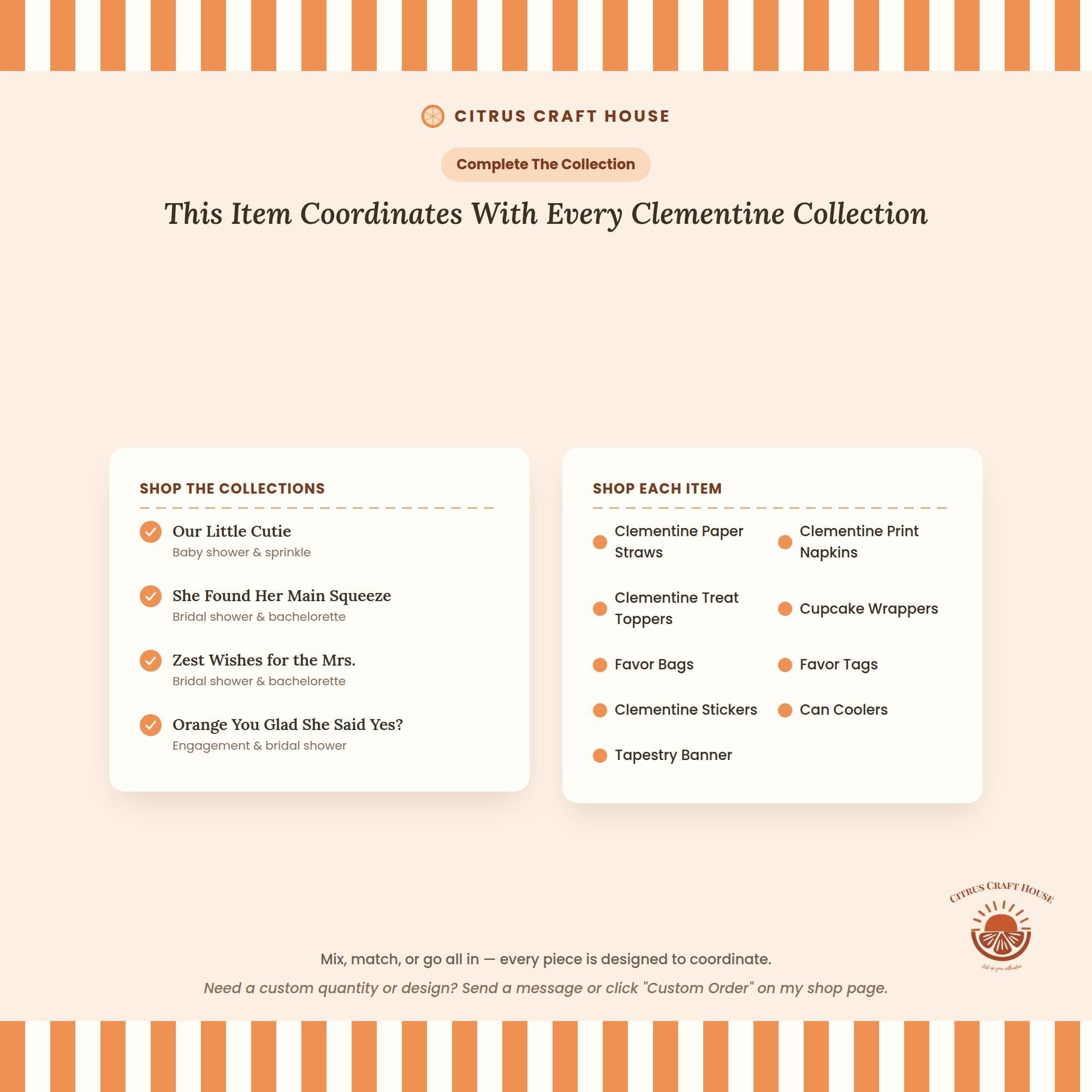Clementine Paper Straws, Set of 12 – Eco-Friendly Paper Straws for Baby Shower, Birthday & Citrus Party