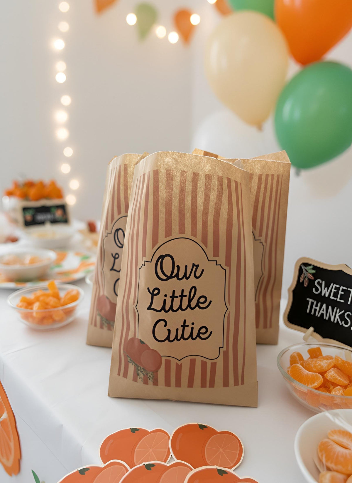 Our Little Cutie Baby Shower Decor Kit | Clementine Orange Baby Sprinkle Party Set | Signs, Balloons, Favor Bags & More