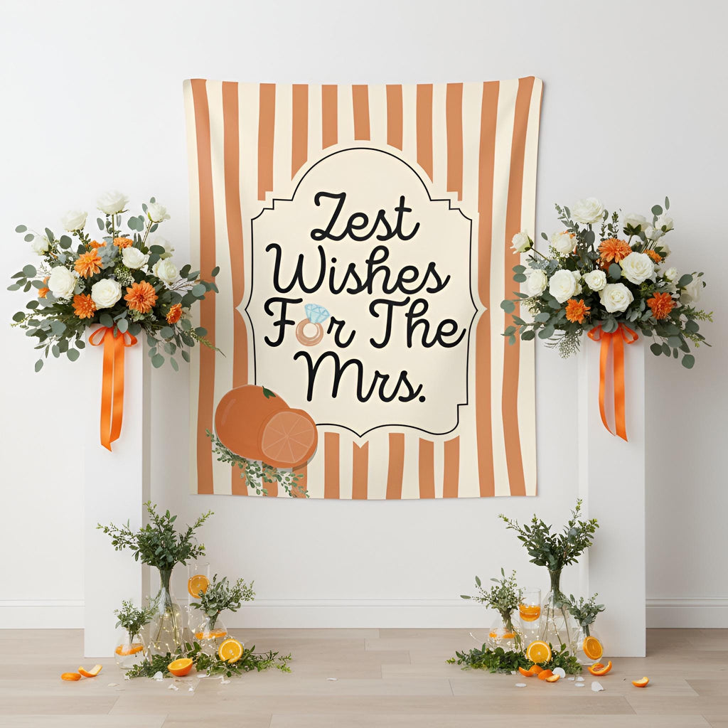 A vertical fabric banner with orange and cream vertical stripes, featuring a central cream arch with the text 'Zest Wishes For The Mrs.' in black script.
