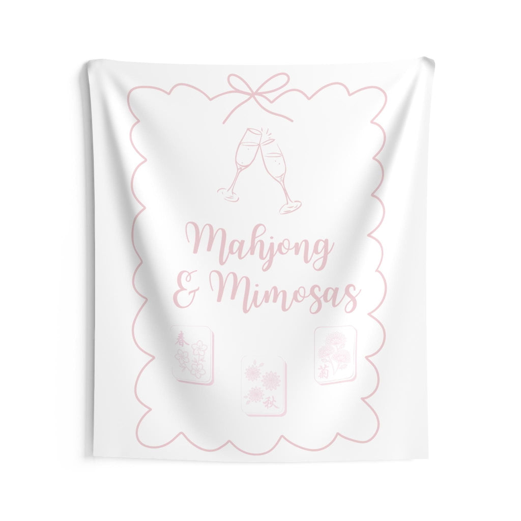 Personalized Mahjong and Mimosas Tapestry Banner Polyester Backdrop in Sage Green, Light Pink or Light Blue, 4 Sizes