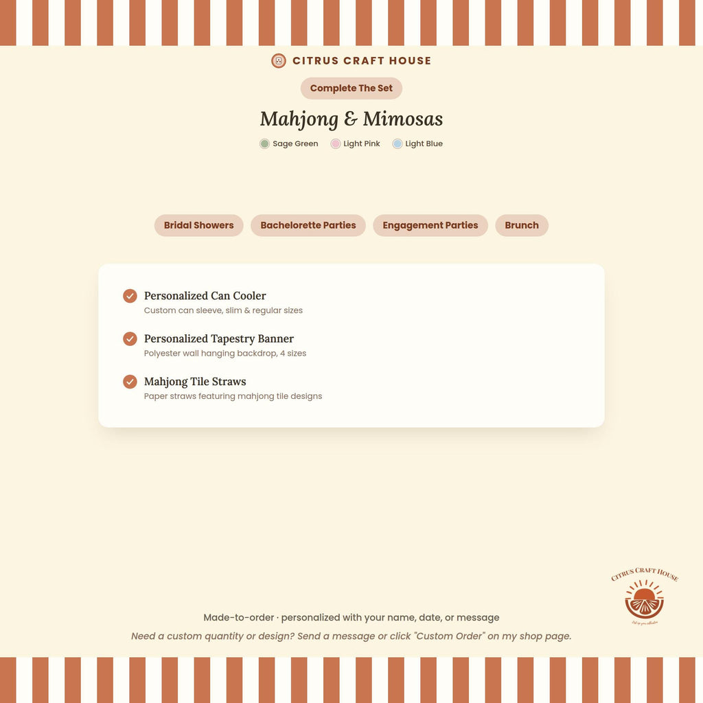 Personalized Mahjong and Mimosas Tapestry Banner Polyester Backdrop in Sage Green, Light Pink or Light Blue, 4 Sizes