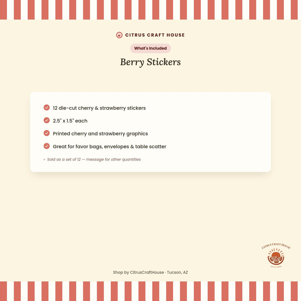Berry Stickers, Set of 12 – Die-Cut Cherry and Strawberry Print Stickers for Favor Bags, Party Favors & Table Scatter