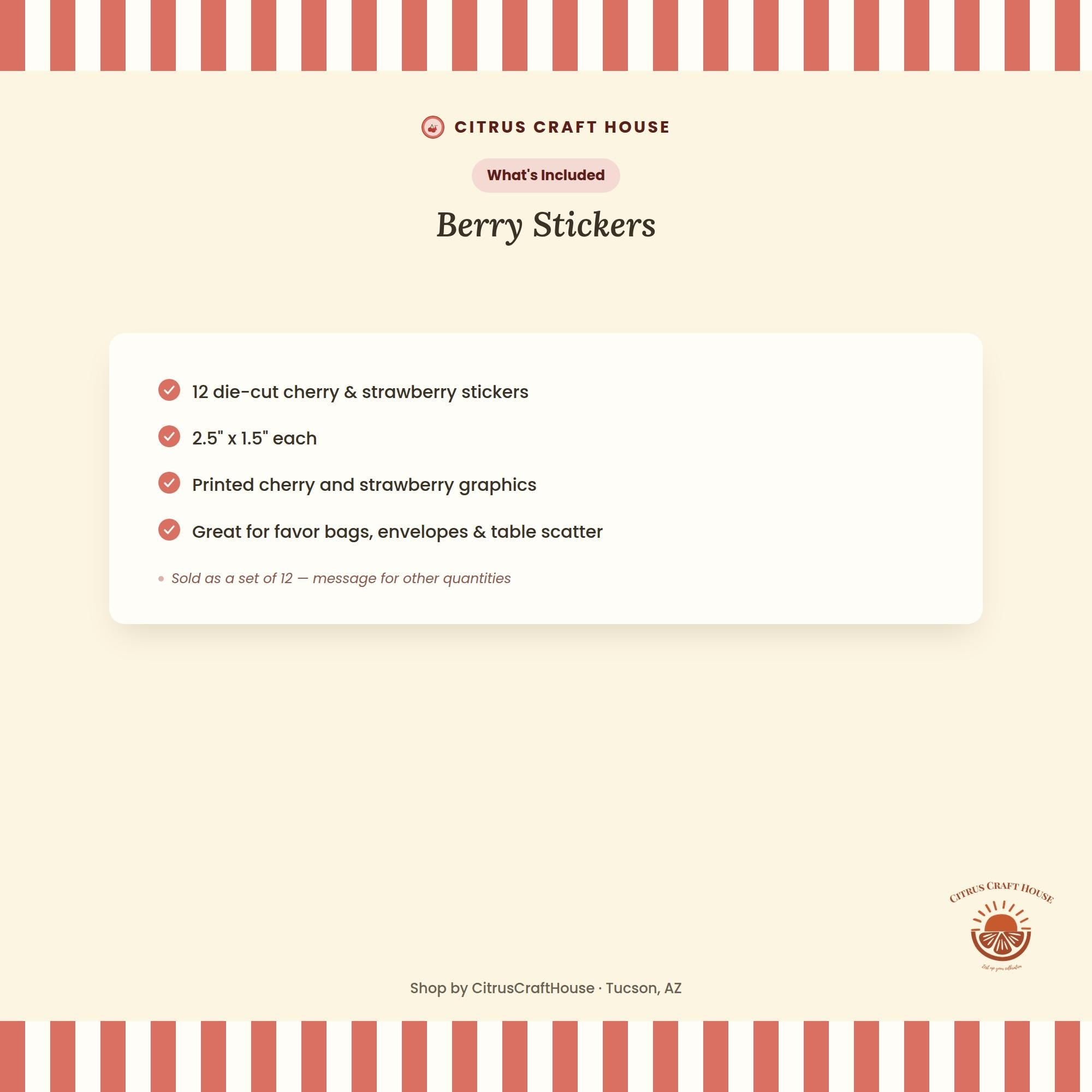 Berry Stickers, Set of 12 – Die-Cut Cherry and Strawberry Print Stickers for Favor Bags, Party Favors & Table Scatter
