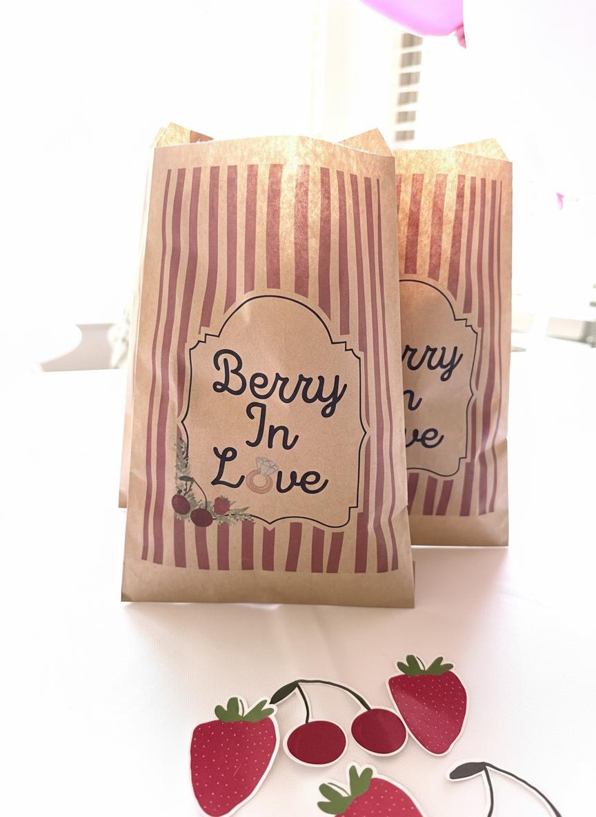 Berry In Love Favor Bags, Set of 12 – 6x9 Flat Kraft Paper Bags for Bridal Shower and Bachelorette Favors