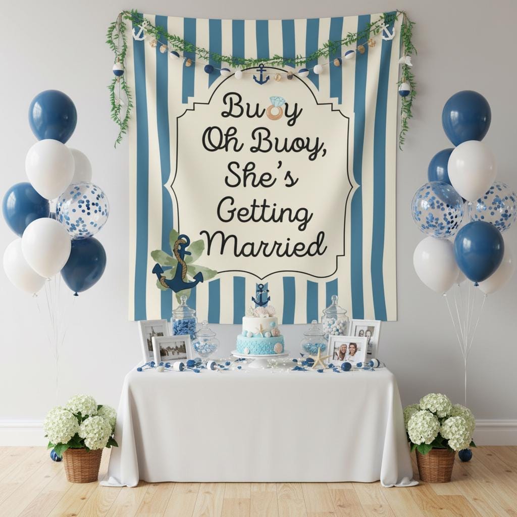 A nautical-themed baby shower party setup featuring a large blue and white striped backdrop banner with the text 'Buoy Oh Buoy, She's Getting Married' and an anchor design. The setup includes a decorated table with a white tablecloth, a blue and white tiered cake, photo frames, and blue, white, and navy balloons on both sides.