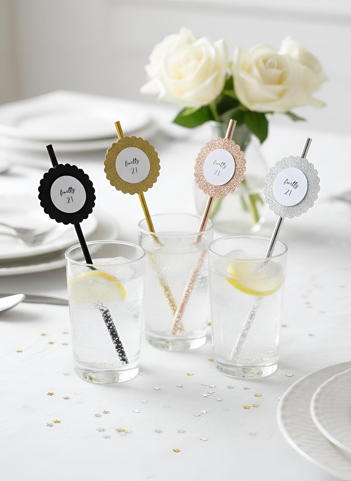 Finally 21 Glitter Paper Straws, Set of 12 – Color Coordinated Rose Gold, Gold, Silver or Black Glitter