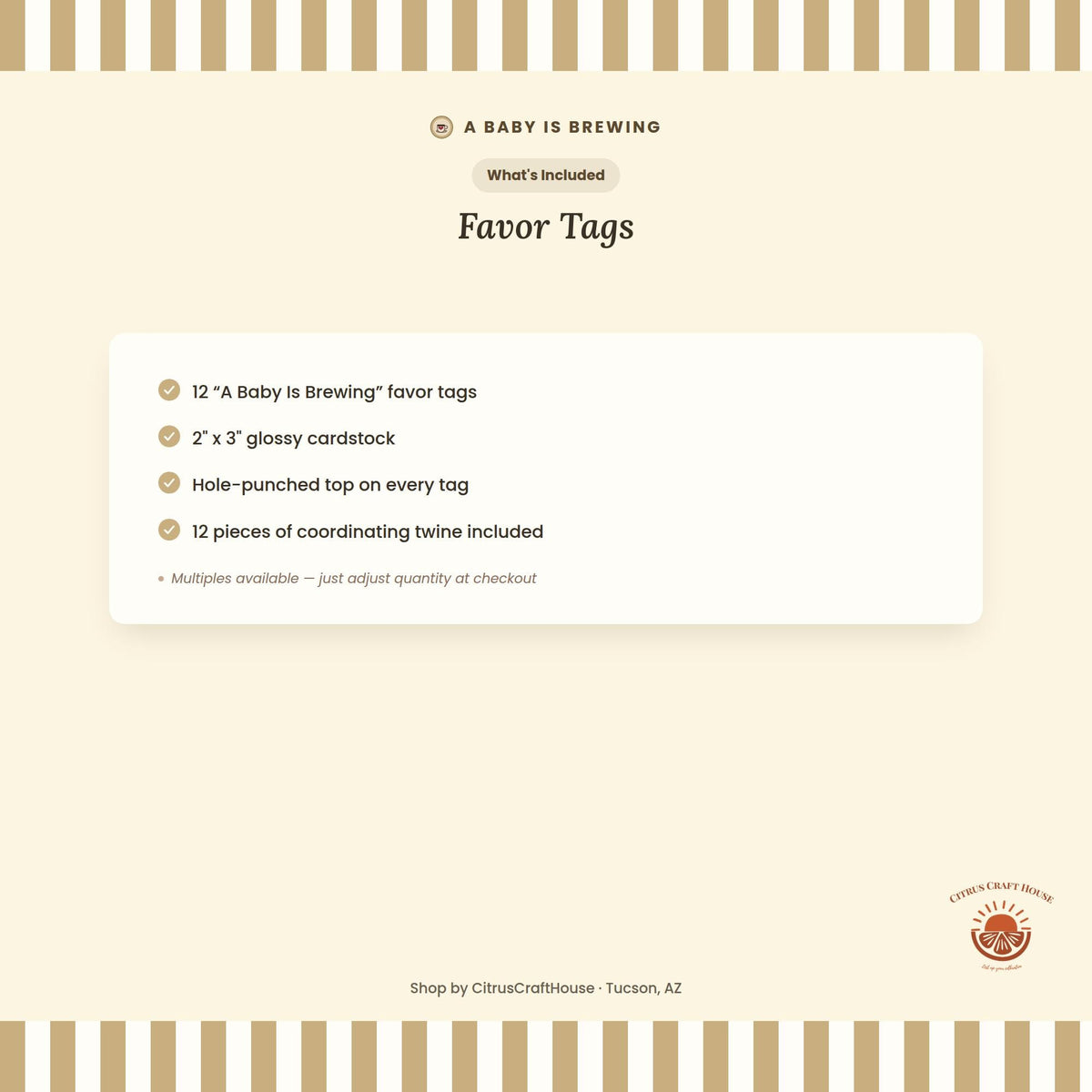 A Baby Is Brewing Favor Tags, Set of 12 – Glossy Cardstock Gift Tags with Twine for Baby Shower & Party Favors