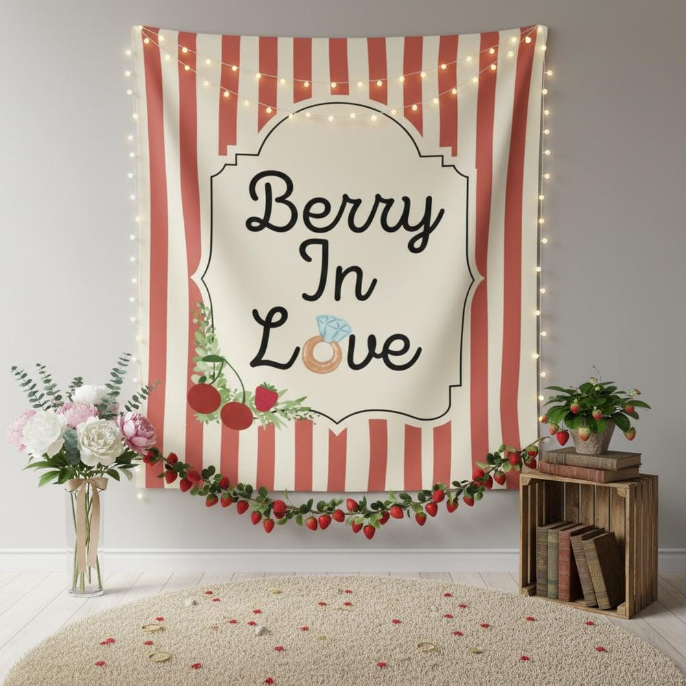 Personalized "Berry In Love" Tapestry Banner Polyester Wall Hanging Backdrop, 4 Sizes for Bridal Shower