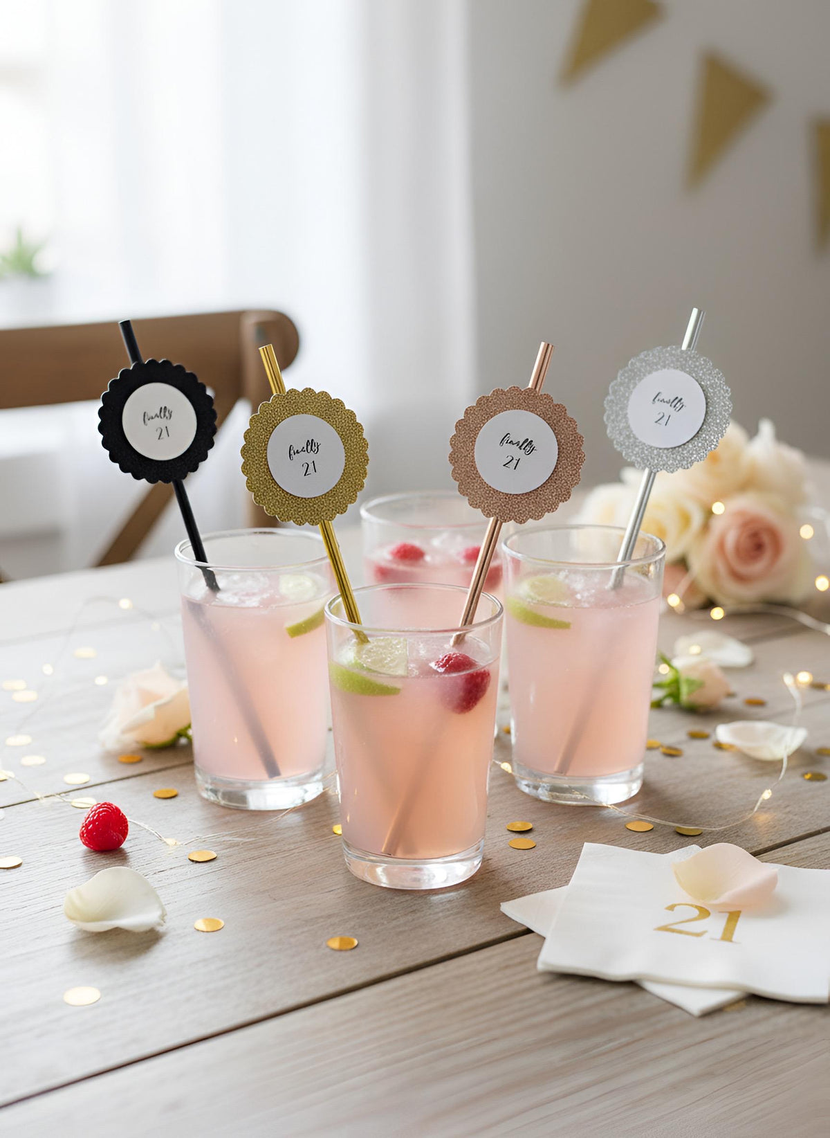 Finally 21 Glitter Paper Straws, Set of 12 – Color Coordinated Rose Gold, Gold, Silver or Black Glitter